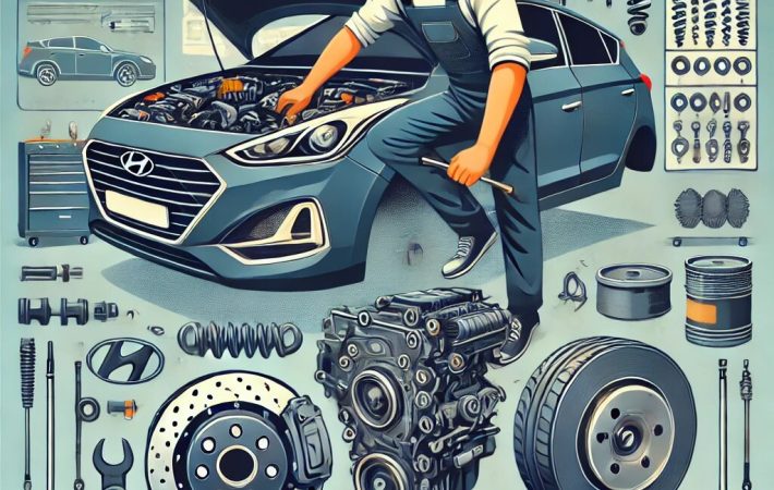 DALL·E 2024 12 13 16.54.24 A high quality illustration for a blog about common faults in Hyundai and Kia vehicles. The image should feature a mechanic examining a car engine wit