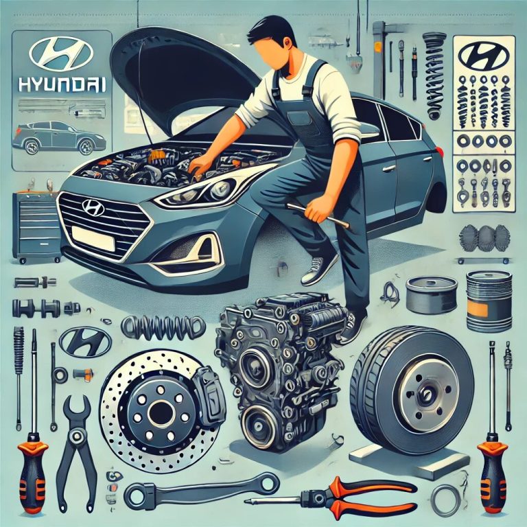 قطعاتی که بیشترین خرابی را در خودروهای هیوندای و کیا دارند 1 DALL·E 2024 12 13 16.54.24 A high quality illustration for a blog about common faults in Hyundai and Kia vehicles. The image should feature a mechanic examining a car engine wit