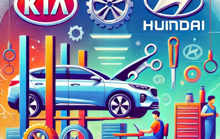 DALL·E 2024 12 13 19.34.26 A vibrant illustration of a car being professionally serviced in a modern garage with logos of Kia and Hyundai prominently displayed. The scene inclu