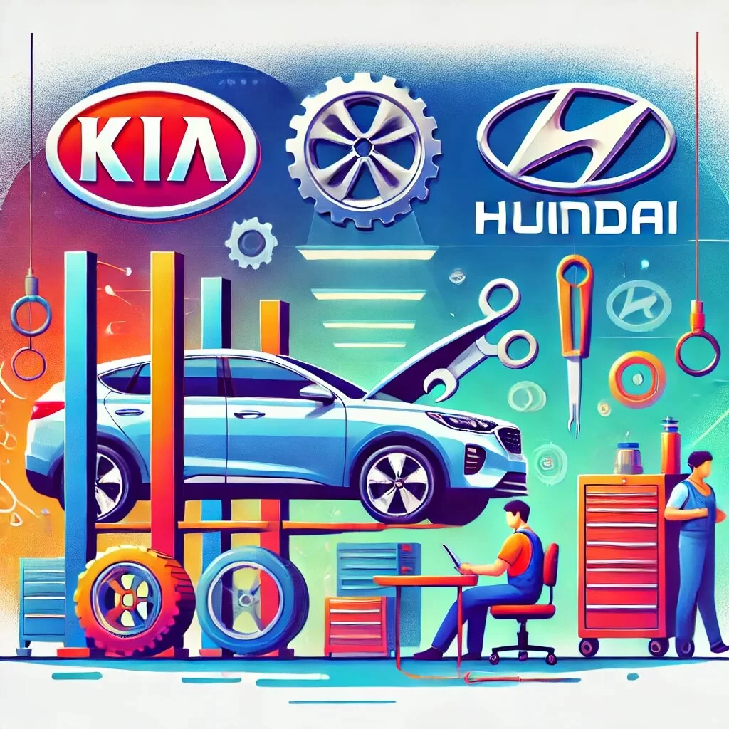 DALL·E 2024 12 13 19.34.26 A vibrant illustration of a car being professionally serviced in a modern garage with logos of Kia and Hyundai prominently displayed. The scene inclu