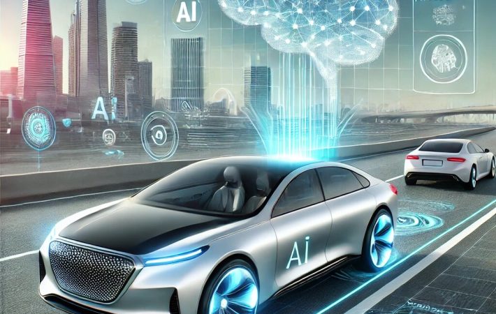 DALL·E 2024 12 25 15.04.31 A futuristic concept of AI integration in cars. The illustration showcases an autonomous vehicle equipped with advanced sensors a sleek dashboard int