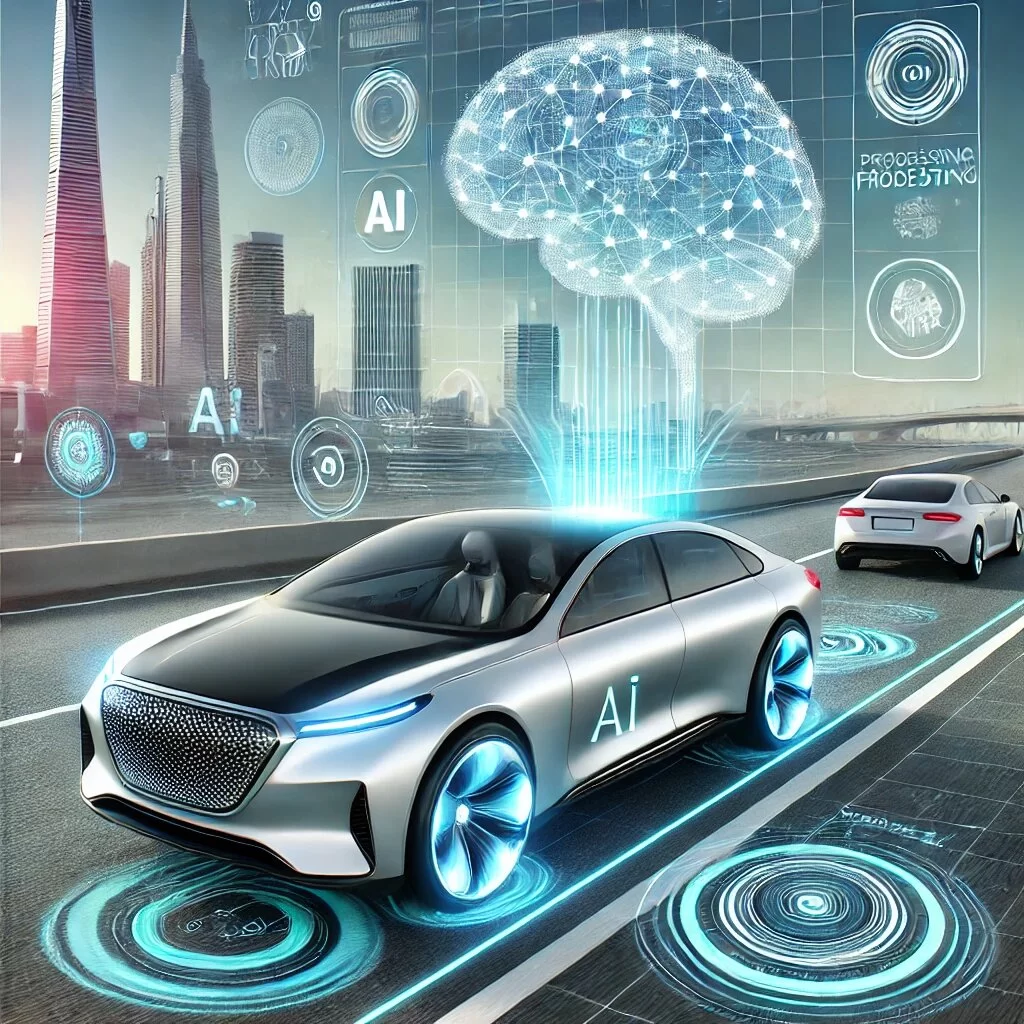 DALL·E 2024 12 25 15.04.31 A futuristic concept of AI integration in cars. The illustration showcases an autonomous vehicle equipped with advanced sensors a sleek dashboard int