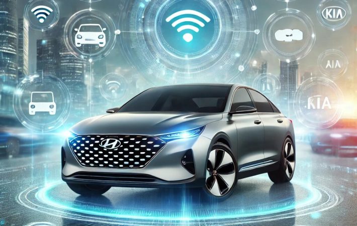 DALL·E 2024 12 26 16.24.49 A futuristic depiction of advanced car technologies focusing on Hyundai and Kia. A sleek modern car with holographic displays projected onto the wind