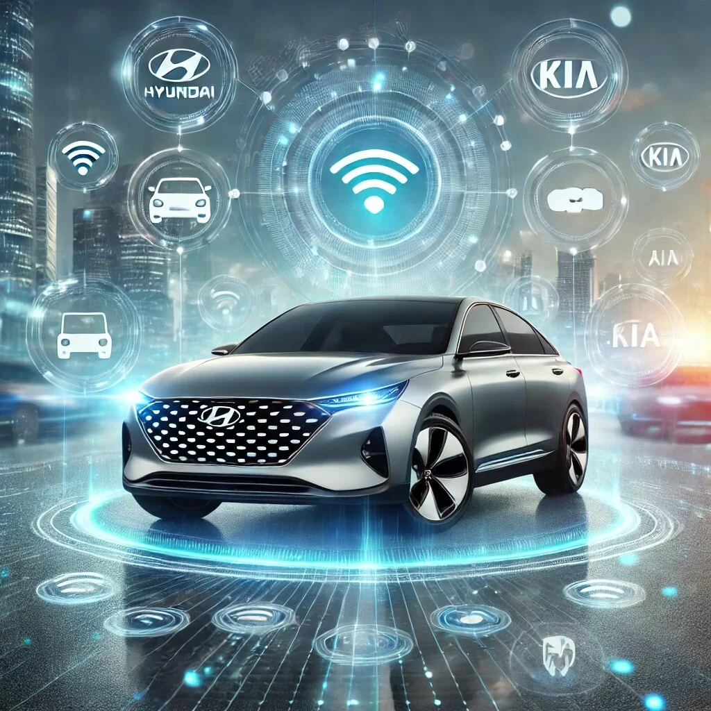 DALL·E 2024 12 26 16.24.49 A futuristic depiction of advanced car technologies focusing on Hyundai and Kia. A sleek modern car with holographic displays projected onto the wind