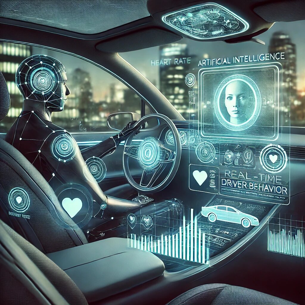 DALL·E 2024 12 26 16.41.47 A futuristic scene showing an artificial intelligence system analyzing driver behavior in a car. The car interior features glowing holographic interfa