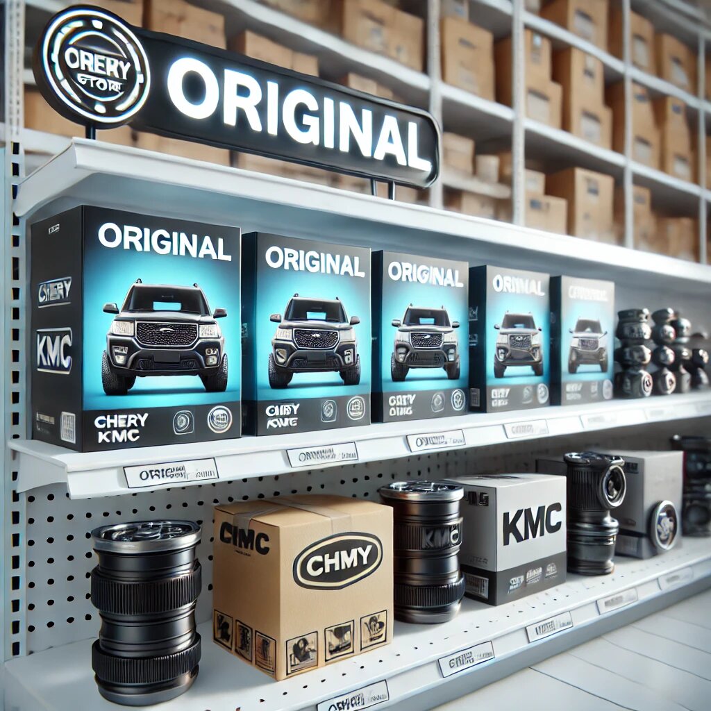 DALL·E 2025 01 05 18.48.23 A store shelf displaying automotive parts from reputable brands like Chery and KMC neatly arranged. Each part features a visible Original tag and t